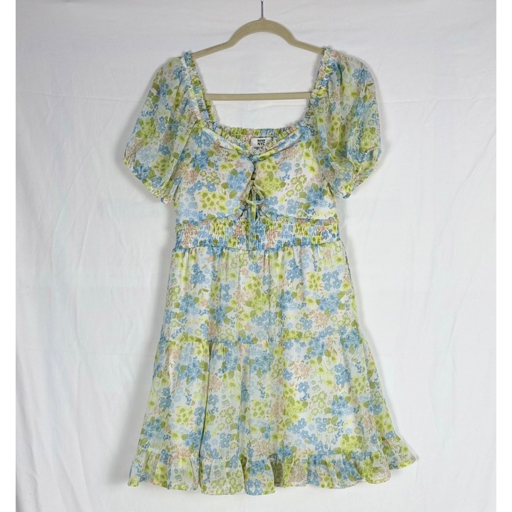 Madden NYC Mini Dress L Floral Spring Coquette Smocked Puff Sleeves Cottagecore